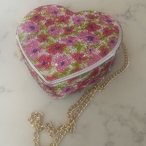 Heart-Shaped Floral Clutch with Gold Chain